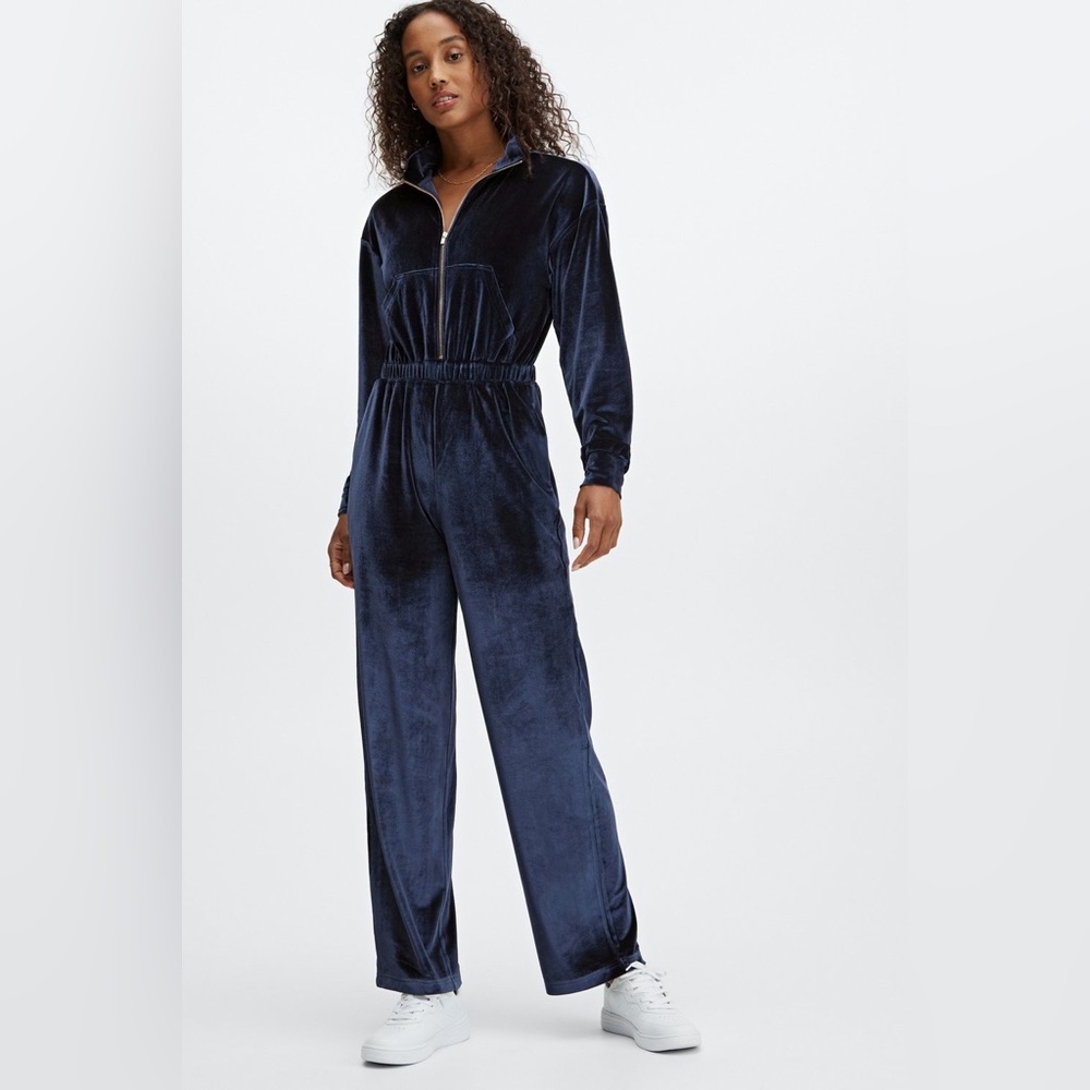 Fabletics Navy Velour Gold Zip-Up Wide Leg Onesie Size XL